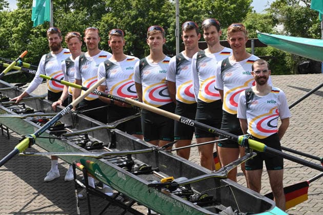 The German Eight with stroke Soenke KRUSE Sönke Julius CHRIST, Tassilo von MUELLER Von Müller , Tobias STRANGEMANN Olaf ROGGENSACK, Mattes SCHOENHERR Schönherr , Paul KLAPPERICH, Theis HAGEMEISTER, cox Jonas WIESEN, Rowing, Presentation Germany Eight of the 2026 season, on 21 05 2026 in Dortmund Germany Â