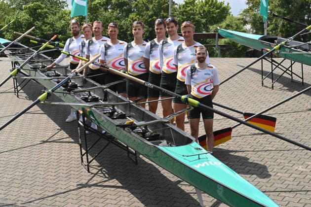 The German Eight with stroke Soenke KRUSE Sönke Julius CHRIST, Tassilo von MUELLER Von Müller , Tobias STRANGEMANN Olaf ROGGENSACK, Mattes SCHOENHERR Schönherr , Paul KLAPPERICH, Theis HAGEMEISTER, cox Jonas WIESEN, Rowing, Presentation Germany Eight of the 2026 season, on 21 05 2026 in Dortmund Germany Â