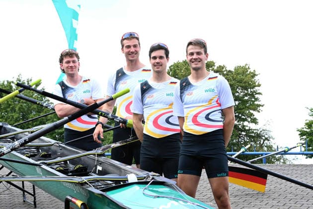 The coxless fours with Jasper ANGL, Benedict EGGELING, Rene SCHMELA and Mark HINRICHS, rowing, presentation Germany eights of the 2026 season, on 21 05 2026 in Dortmund Germany Â