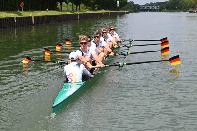The German Eight with stroke Soenke KRUSE Sönke Julius CHRIST, Tassilo von MUELLER Von Müller , Tobias STRANGEMANN Olaf ROGGENSACK, Mattes SCHOENHERR Schönherr , Paul KLAPPERICH, Theis HAGEMEISTER, cox Jonas WIESEN, and the during training on the Dortmund Ems Canal, Rowing, Presentation Germany Eight of the 2026 season, on 21 05 2026 in Dortmund Germany Â