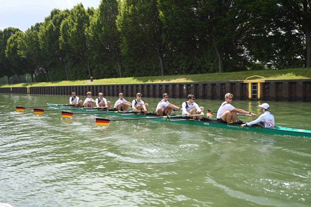 The German Eight with stroke Soenke KRUSE Sönke Julius CHRIST, Tassilo von MUELLER Von Müller , Tobias STRANGEMANN Olaf ROGGENSACK, Mattes SCHOENHERR Schönherr , Paul KLAPPERICH, Theis HAGEMEISTER, helmsman Jonas WIESEN, during training on the Dortmund Ems Canal, Rowing, Presentation Germany Eight of the 2026 season, on 21 05 2026 in Dortmund Germany Â