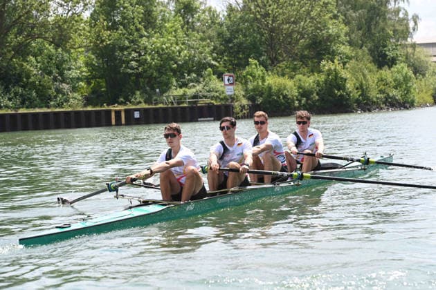 The coxless fours with stroke Jasper ANGL, Benedict EGGELING, Rene SCHMELA and Mark HINRICHS, during training on the Dortmund Ems Canal, Rowing, Presentation Germany Eight of the 2026 season, on 21 05 2026 in Dortmund Germany Â