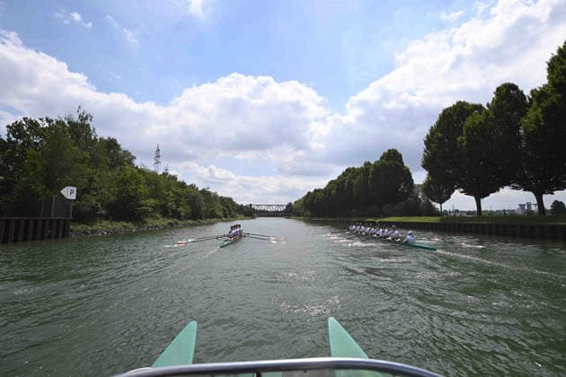 The German eight with stroke Soenke KRUSE Sönke Julius CHRIST, Tassilo von MUELLER Von Müller , Tobias STRANGEMANN Olaf ROGGENSACK, Mattes SCHOENHERR Schönherr , Paul KLAPPERICH, Theis HAGEMEISTER, cox Jonas WIESEN, and the coxless four with cox Jasper ANGL, Benedict EGGELING, Rene SCHMELA and Mark HINRICHS, during training on the Dortmund Ems Canal, Rowing, Presentation Germany Eight of the 2026 season, on 21 05 2026 in Dortmund Germany Â