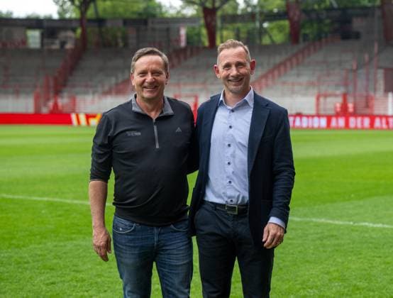 Soccer, Men, Season 2025 2026, 1 Bundesliga, 1 FC Union Berlin, Press conference, Professional soccer Managing Director Horst Heldt 1 FC Union Berlin , Coach Mauro Lustrinelli 1 FC Union Berlin at Stadion An der Alten Försterei, 21 05 2026, Copyright: xMatthiasxKochx