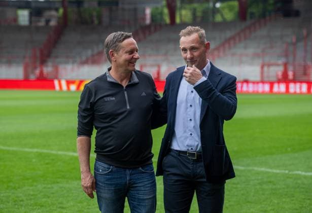 Soccer, men, season 2025 2026, 1 Bundesliga, 1 FC Union Berlin, press conference, f l professional soccer managing director Horst Heldt 1 FC Union Berlin , coach Mauro Lustrinelli 1 FC Union Berlin at the stadium An der Alten Försterei, 21 05 2026, Copyright: xMatthiasxKochx