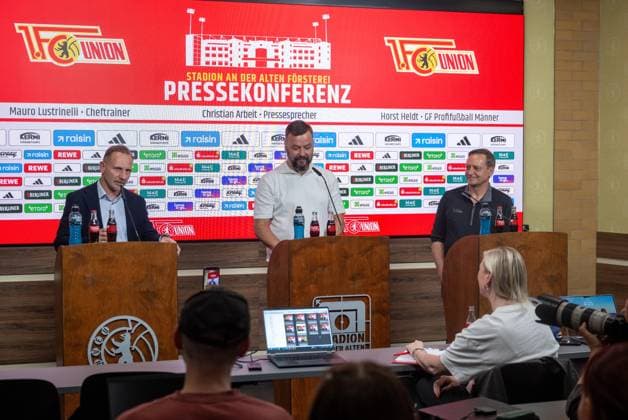 Soccer, Men, Season 2025 2026, 1 Bundesliga, 1 FC Union Berlin, Press conference, from l Coach Mauro Lustrinelli 1 FC Union Berlin , Member of the Presidium, Managing Director Communications and Press and Stadium Spokesman Christian Arbeit 1 FC Union , Professional Football Managing Director Horst Heldt 1 FC Union Berlin , 21 05 2026, Copyright: xMatthiasxKochx