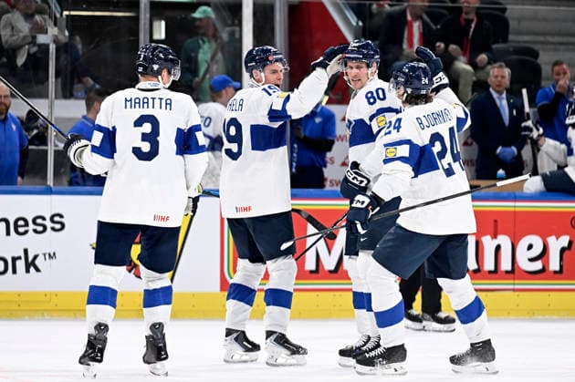 LKS 20260521 Finnish players Olli Määttä, Valtteri Merelä, Saku Mäenalanen and Hannes Björninen celebrating 1-4 leading goal by Merelä during the 2026 IIHF Ice hockey, Eishockey World Championships preliminary round group A match between Latvia and Finland in Zurich on May 21, 2026. - RONI REKOMAA Zürich Switzerland 2dXld9FiQYM  Copyright: xRonixRekomaax 2dXld9FiQYM