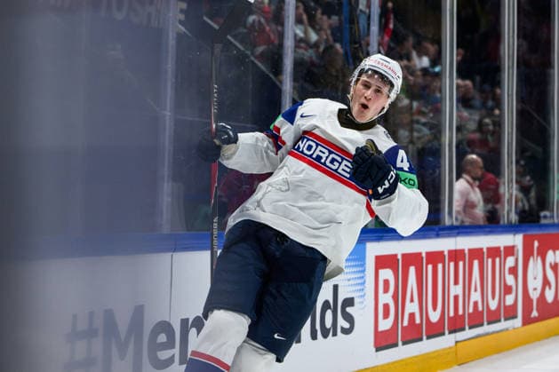 260521 Tinus Luc Koblar of Norway celebrates after 4 5 during the 2026 IIHF Ice Hockey World Championship between Canada and Norway on May 21, 2026 in Fribourg Photo Jesper Zerman BILDBYRAN kod JZ JZ0724 ishockey ice hockey ishockey vm 2026 vm 2026 iihf world championship kanada canada norge norway canada kanada bbeng jubel norge norway celebrates  Copyright: JESPERxZERMAN BB260521JZ095