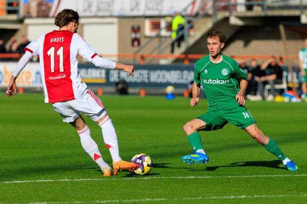2026-05-21 AFC Ajax v FC Groningen - Dutch Eredivisie Play-Offs VOLENDAM, NETHERLANDS - MAY 21: Mika Godts of Ajax, Tygo Land of FC Groningen during the Dutch Eredivisie Play-Offs match between AFC Ajax and FC Groningen at Kras Stadion on May 21, 2026 in Volendam, Netherlands. Volendam Kras Stadion Netherlands Content not available for redistribution in The Netherlands directly or indirectly through any third parties. Copyright: xMarcelxvanxPlateringenx