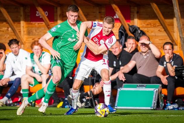 VOLENDAM , 21-05-2026 , Kras Stadium, season 2025 2026 , Play-offs for European football , Dutch Eredivisie Football . Match between Ajax and FC Groningen , picture shows FC Groningen player Dies Janse and Ajax player Anton Gaaei Ajax - Groningen (play off)  x203865390x Copyright: