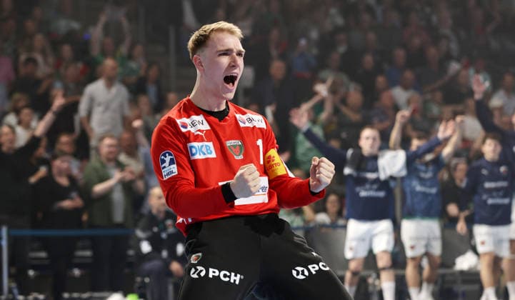 Goalkeeper Lasse Ludwig celebrates after a save Joy Emotion Cheers Sport Handball HBL Bundesliga Men 32 Matchday Season 2025 2026 21 05 2026 Füchse Berlin vs TSV Hannover Burgdorf