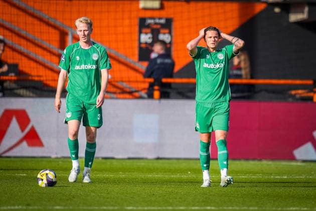VOLENDAM , 21-05-2026 , Kras Stadium, season 2025 2026 , Play-offs for European football , Dutch Eredivisie Football . Match between Ajax and FC Groningen , picture shows defenders of Groningen disappointed after the 1-0 Ajax - Groningen (play off)  x203865484x Copyright: