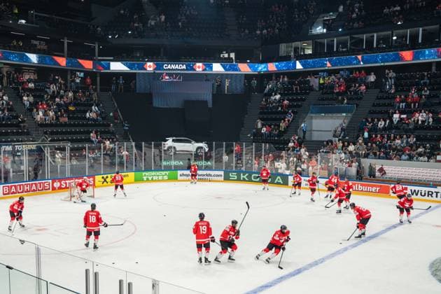 FRIBOURG, FRIBOURG - MAY 21: Canada players warm up prior to the 2026 IIHF World Championship, WM, Weltmeisterschaft Preliminary Round Group B match between Canada and Norway at BCF Arena on May 21, 2026 in Fribourg, Fribourg, Switzerland. Copyright: xLivioxBaeriswylx xSPPx Sportspressphoto_SPR151140
