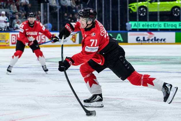 260521 Macklin Celebrini of Canada during the 2026 IIHF Ice Hockey World Championship between Canada and Norway on May 21, 2026 in Fribourg Photo Jesper Zerman BILDBYRAN kod JZ JZ0724 ishockey ice hockey ishockey vm 2026 vm 2026 iihf world championship kanada canada norge norway bbeng  Copyright: JESPERxZERMAN BB260521JZ114