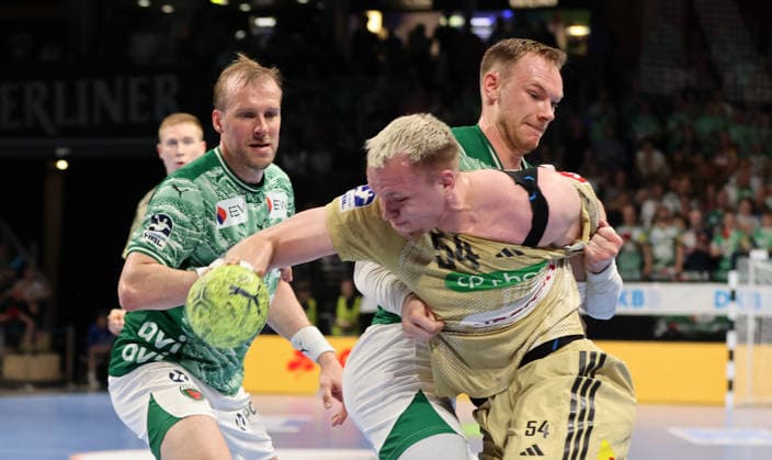 Justus Fischer, Mathias Gidsel duel Match scene Action Sport Handball HBL Bundesliga Men 32 Matchday Season 2025 2026 21 05 2026 Füchse Berlin vs TSV Hannover Burgdorf