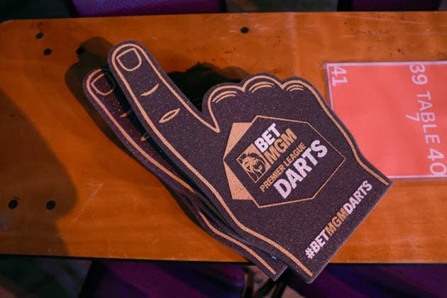 RECORD DATE NOT STATED 21st May 2026, Utilita Arena, Sheffield, Yorkshire, England; 2026 PDC Bet MGM Premier League Darts Night Sixteen; Bet MGM Foam Hand AidanxHunter