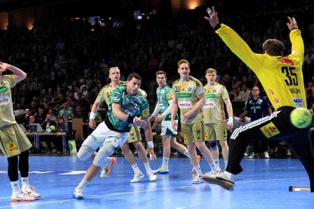 DEU, DHB, 1 HBL, Fuechse Berlin vs Hannover Burgdorf, 21 05 2026, Max Schmeling Halle, Berlin, DEU, DHB, 1 HBL, Fuechse Berlin vs Hannover Burgdorf, in the picture Mijajlo Marsenic Fuechse Berlin 93 , Lukas Stutzke Hannover Burgdorf 39 , Justus Fischer Hannover Burgdorf 54 , Joel Birlehm Hannover Burgdorf 35 nordphotoxGmbHx xEngler nph00076