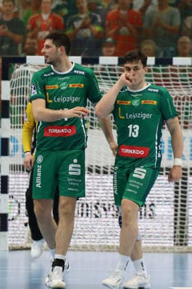 Germany Handball Bundesliga 2025 2026, Matchday 32 SC DHfK Leipzig v MT Melsungen, Quarterback Immobilien Arena Leipzig Matej Klima MatÄj Klima SC DHfK Leipzig, 13 and Marko Mamic MamiÄ‡ SC DHfK Leipzig, 14 Copyright: xLucasxWalterx