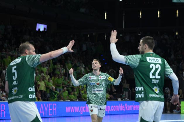 21 05 2026, xlakx, Handball Daikin HBL, Fuechse Berlin TSV Hannover Burgdorf v l Max Darj Fuechse Berlin , Mathias Gidsel Fuechse Berlin , Nejc Cehte Fuechse Berlin Jubel Berlin Daniel Lakomski