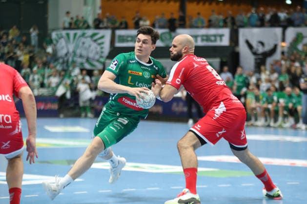 Handball DAIKIN HBL, SC DHfK Leipzig MT Melsungen 21 05 2026 Matej Klima 13, SC DHfK Leipzig vs Adrian Sipos 8, MT Melsungen Handball, DAIKIN HBL, 1 Bundesliga, Season 2025 2026, 32 Matchday SC DHfK Leipzig vs MT Melsungen on 21 05 2026 at Quarterback Immobilien Arena Leipzig Copyright: xBEAUTIFULxSPORTS JanxKaeferx