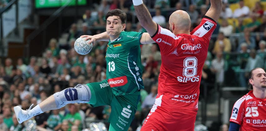 Leipzig, 21 05 2026, Arena Leipzig, Handball, Bundesliga, 32 Matchday , SC DHfK Leipzig vs MT Melsungen , Pictured from left Matej Klima 13, Leipzig , Adrian Sipos 8, Melsungen , For editorial use only Only editorial use , DHB HBL regulations prohibit any use of photographs as image sequences and or quasi video ,