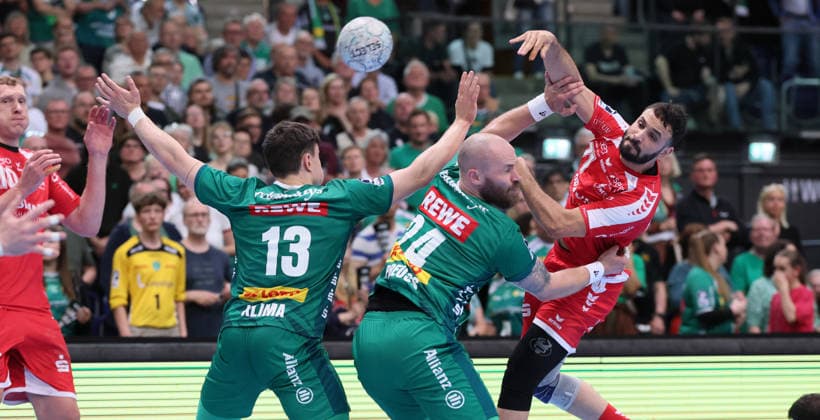 Leipzig, 21 05 2026, Arena Leipzig, Handball, Bundesliga, 32 Matchday , SC DHfK Leipzig vs MT Melsungen , Pictured from left Matej Klima 13, Leipzig , Moritz Preuss 24, Leipzig , Mohamed Darmoul 71, Melsungen , For editorial use only Only editorial use , DHB HBL regulations prohibit any use of photographs as image sequences and or quasi video ,