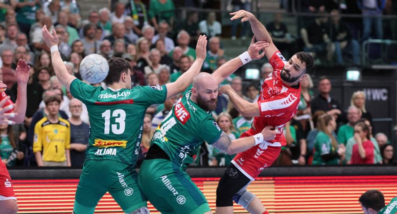 Leipzig, 21 05 2026, Arena Leipzig, Handball, Bundesliga, 32 Matchday , SC DHfK Leipzig vs MT Melsungen , Pictured from left Matej Klima 13, Leipzig , Moritz Preuss 24, Leipzig , Mohamed Darmoul 71, Melsungen , For editorial use only Only editorial use , DHB HBL regulations prohibit any use of photographs as image sequences and or quasi video ,