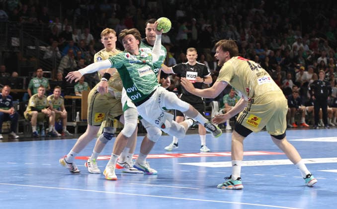 Nils Lichtlein scores a goal, Thomas Alfred Solstad duel Game scene Action Sport Handball HBL Bundesliga Men 32 Matchday Season 2025 2026 21 05 2026 Füchse Berlin vs TSV Hannover Burgdorf