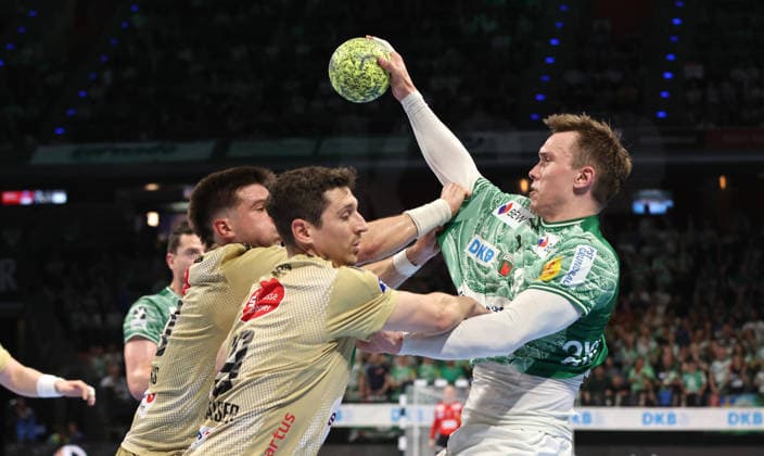 Renars Uscins, Marius Steinhauser, Lasse Andersson on the ball duel Match scene Action Sport Handball HBL Bundesliga Men 32 Matchday Season 2025 2026 21 05 2026 Füchse Berlin vs TSV Hannover Burgdorf