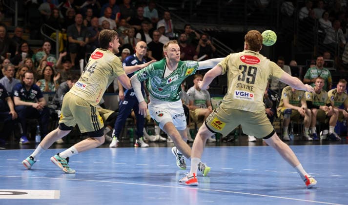 Thomas Alfred Solstad, Mathias Gidsel on the ball, Lukas Stutzke duel Game scene Action Sport Handball HBL Bundesliga Men 32 Matchday Season 2025 2026 21 05 2026 Füchse Berlin vs TSV Hannover Burgdorf