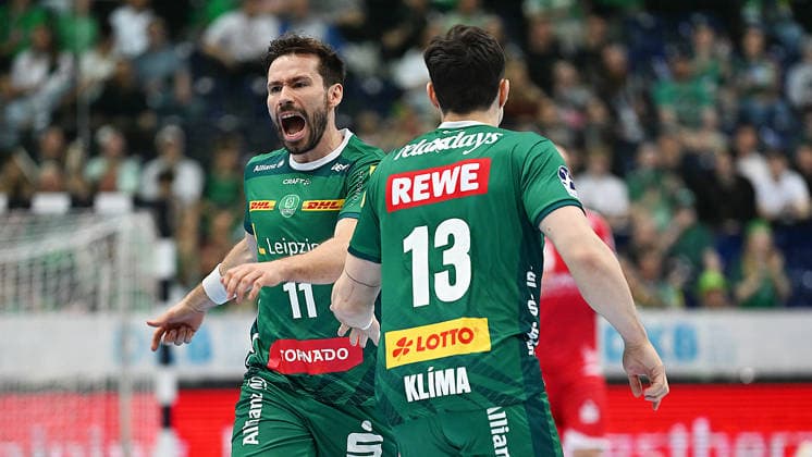 Handball Bundesliga, Season 2025 2026, Matchday 32, SC DHfK Leipzig vs MT Melsungen 21 05 2026 Lukas Binder, back number 11 and Matej Klima, back number 13 at the Handball Bundesliga match DHfK Leipzig vs MT Melsungen 21 05 2026 Leipzig Saxony Germany QUARTERBACK Immobilien Arena Am Sportforum 2
