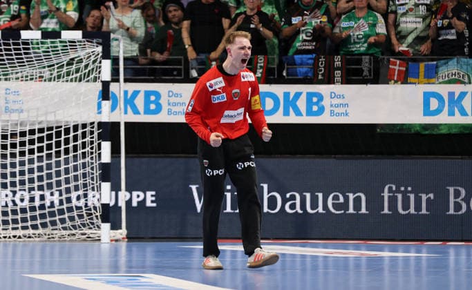 Goalkeeper Lasse Ludwig celebrates after a save Joy Emotion Cheers Sport Handball HBL Bundesliga Men 32 Matchday Season 2025 2026 21 05 2026 Füchse Berlin vs TSV Hannover Burgdorf
