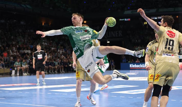 Mathias Gidsel scores a goal, Marius Steinhauser duel Game scene Action Sport Handball HBL Bundesliga Men 32 Matchday Season 2025 2026 21 05 2026 Füchse Berlin vs TSV Hannover Burgdorf
