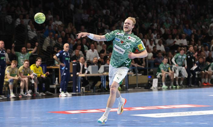 Matthes Langhoff scores a goal Single image Crop Action Sport Handball HBL Bundesliga Men 32 Matchday Season 2025 2026 21 05 2026 Füchse Berlin vs TSV Hannover Burgdorf