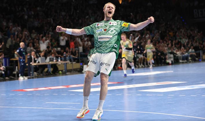 Matthes Langhoff celebrates after goal Joy Emotion Cheers Sport Handball HBL Bundesliga Men 32 Matchday Season 2025 2026 21 05 2026 Füchse Berlin vs TSV Hannover Burgdorf