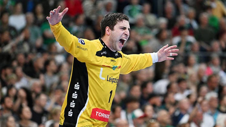 Handball Bundesliga, Season 2025 2026, Matchday 32, SC DHfK Leipzig vs MT Melsungen 21 05 2026 Domenico Ebner goalkeeper goalkeeper DHfK Leipzig, shirt number 1 at the Handball Bundesliga match DHfK Leipzig vs MT Melsungen 21 05 2026 Leipzig Saxony Germany QUARTERBACK Immobilien Arena Am Sportforum 2