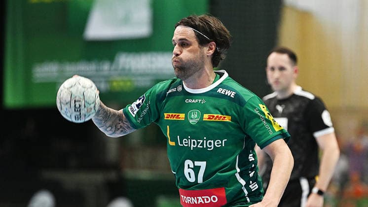 Handball Bundesliga, Season 2025 2026, Matchday 32, SC DHfK Leipzig vs MT Melsungen 21 05 2026 Goal throw Dean Bombac Back court player DHfK Leipzig, back number 67 at the Handball Bundesliga match DHfK Leipzig vs MT Melsungen 21 05 2026 Leipzig Saxony Germany QUARTERBACK Real Estate Arena Am Sportforum 2