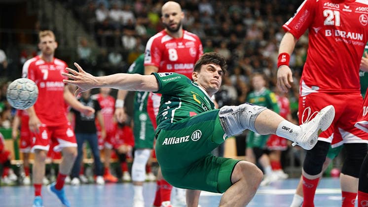 Handball Bundesliga, Season 2025 2026, Matchday 32, SC DHfK Leipzig vs MT Melsungen 21 05 2026 Goal throw Matej Klima Back court back court player DHfK Leipzig, back number 13 at the Handball Bundesliga match DHfK Leipzig vs MT Melsungen 21 05 2026 Leipzig Saxony Germany QUARTERBACK Immobilien Arena Am Sportforum 2
