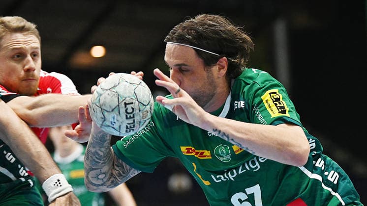 Handball Bundesliga, Season 2025 2026, Matchday 32, SC DHfK Leipzig vs MT Melsungen 21 05 2026 Dean Bombac Back court player DHfK Leipzig, back number 67 on the ball at the Handball Bundesliga match DHfK Leipzig vs MT Melsungen 21 05 2026 Leipzig Saxony Germany QUARTERBACK Immobilien Arena Am Sportforum 2