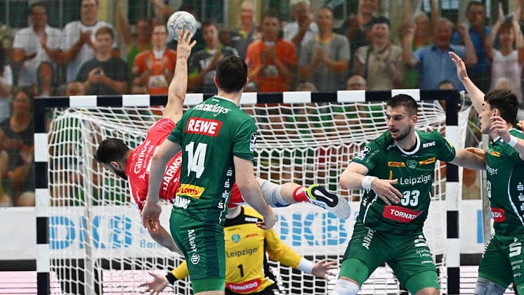 Handball Bundesliga, Season 2025 2026, Matchday 32, SC DHfK Leipzig vs MT Melsungen 21 05 2026 Goalkeeper Mohamed Darmoul back Melsungen, back number 71 vs Domenico Ebner Goalkeeper Goalkeeper DHfK Leipzig, back number 1 at Handball Bundesliga match DHfK Leipzig vs MT Melsungen 21 05 2026 Leipzig Saxony Germany QUARTERBACK Real Estate Arena Am Sportforum 2
