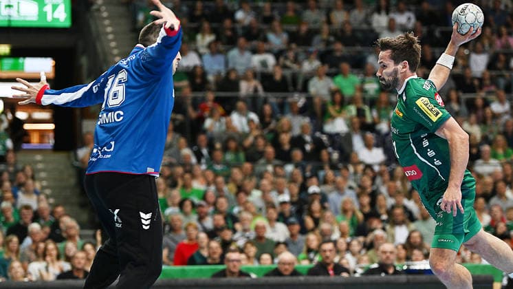 Handball Bundesliga, Season 2025 2026, Matchday 32, SC DHfK Leipzig vs MT Melsungen 21 05 2026 Goalkeeper Lukas Binder Wing player DHfK Leipzig, back number 11 right against Nebojsa Simic Goalkeeper Melsungen, back number 16 left at Handball Bundesliga match DHfK Leipzig vs MT Melsungen 21 05 2026 Leipzig Saxony Germany QUARTERBACK Immobilien Arena Am Sportforum 2