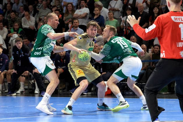 DEU, DHB, 1 HBL, Fuechse Berlin vs Hannover Burgdorf, 21 05 2026, Max Schmeling Halle, Berlin, DEU, DHB, 1 HBL, Fuechse Berlin vs Hannover Burgdorf, in the picture Max Darj Fuechse Berlin 5 , Mathias Gidsel Fuechse Berlin 19 , Lasse Ludwig Fuechse Berlin 1 , Thomas Alfred Solstad Hannover Burgdorf 44 nordphotoxGmbHx xEngler nph00076