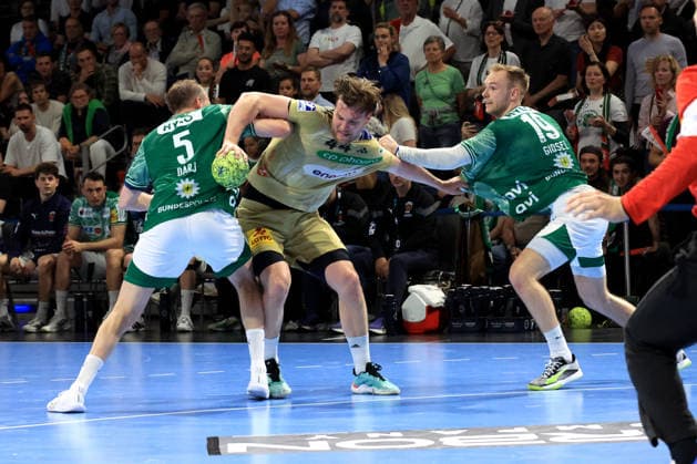 DEU, DHB, 1 HBL, Fuechse Berlin vs Hannover Burgdorf, 21 05 2026, Max Schmeling Halle, Berlin, DEU, DHB, 1 HBL, Fuechse Berlin vs Hannover Burgdorf, in the picture Max Darj Fuechse Berlin 5 , Mathias Gidsel Fuechse Berlin 19 , Thomas Alfred Solstad Hannover Burgdorf 44 nordphotoxGmbHx xEngler nph00076