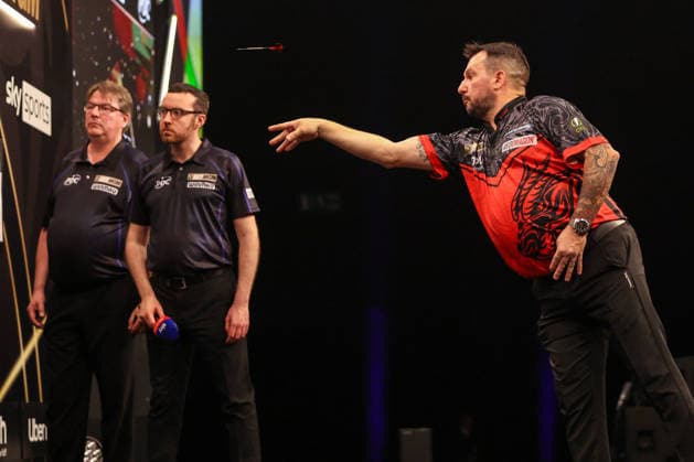 RECORD DATE NOT STATED 21st May 2026, Utilita Arena, Sheffield, Yorkshire, England; 2026 PDC Bet MGM Premier League Darts Night Sixteen; Jonny Clayton in action as as referee Huw Ware looks on AidanxHunter