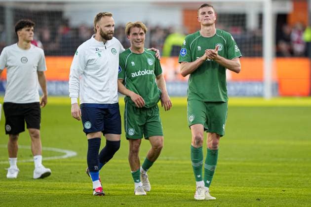 VOLENDAM , 21-05-2026 , Kras Stadium, season 2025 2026 , Play-offs for European football , Dutch Eredivisie Football . Match between Ajax and FC Groningen , picture shows FC Groningen goalkeeper Hidde Jurjus , FC Groningen player Dies Janse Ajax - Groningen (play off)  x203867379x Copyright: