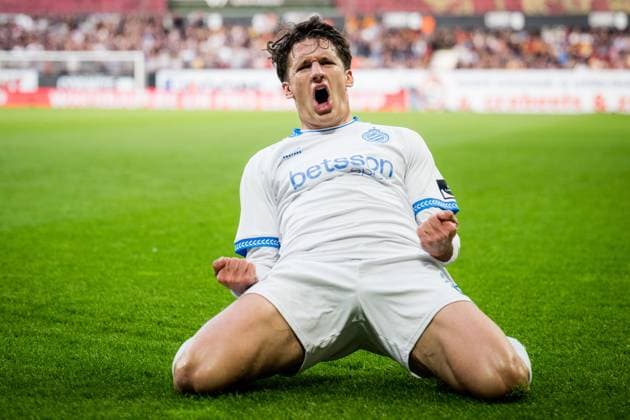 Club s Christos Tzolis celebrates after scoring during a soccer match between KV Mechelen and Club Brugge KV, Thursday 21 May 2026 in Mechelen, on the ninth day of the Champion s Play-offs of the 2025-2026 Jupiler Pro League first division of the Belgian championship. JASPERxJACOBS  x174665332x