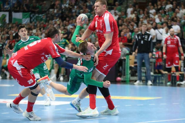 Handball DAIKIN HBL, SC DHfK Leipzig MT Melsungen 21 05 2026 Franz Semper 32, SC DHfK Leipzig is painfully stopped Handball, DAIKIN HBL, 1 Bundesliga, Season 2025 2026, Matchday 32 SC DHfK Leipzig vs MT Melsungen on 21 05 2026 at the Quarterback Immobilien Arena Leipzig Copyright: xBEAUTIFULxSPORTS JanxKaeferx