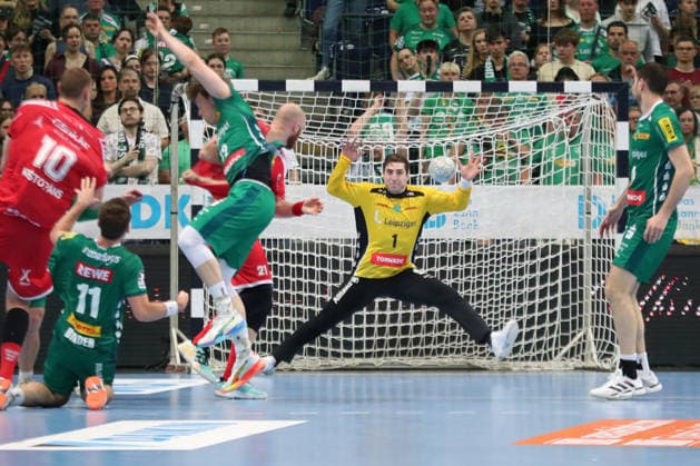 Handball DAIKIN HBL, SC DHfK Leipzig MT Melsungen 21 05 2026 Goalkeeper Domenico Ebner 1, SC DHfK Leipzig with a save Handball, DAIKIN HBL, 1 Bundesliga, Season 2025 2026, Matchday 32 SC DHfK Leipzig vs MT Melsungen on 21 05 2026 at Quarterback Immobilien Arena Leipzig Copyright: xBEAUTIFULxSPORTS JanxKaeferx