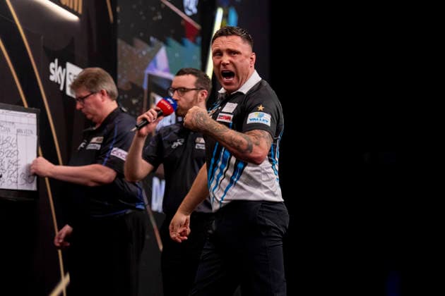 2026 BetMGM Premier League Darts, Night 16, Sheffield Gerwyn Price celebrates winning a leg during the 2026 BetMGM Premier League Darts, Night 16 at the Utilita Arena, Sheffield, England on 21 May 2026 Credit: Alex Young Every Second Media Editorial use only. All images are copyright Every Second Media Limited. No images may be reproduced without prior permission. Copyright: xIMAGO EveryxSecondxMediax ESM-2003-0021 AlexxYoungx xEveryxSecondxMediax