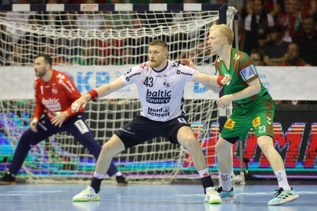 21 05 2026, xtgx, Handball, Daikin HBL, SC Magdeburg SG Flensburg Handewitt v l Blaz Blagotsinek Flensburg, 43 , Magnus Saugstrup Magdeburg, 23 duel, duel, fight, tackle Magdeburg
